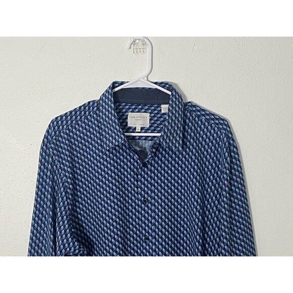Con.struct Slim Fit Blue Geometric Print Button Up Shirt Size XL 4 Way Stretch - Picture 2 of 16